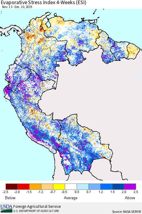 Northern South America Evaporative Stress Index (ESI), 4-Weeks Thematic Map For 12/9/2019 - 12/15/2019