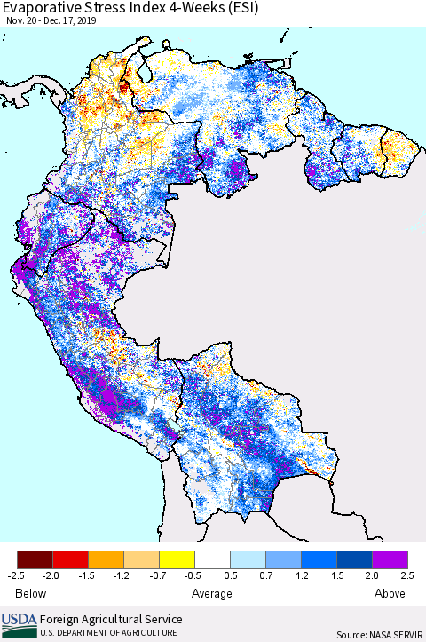 Northern South America Evaporative Stress Index (ESI), 4-Weeks Thematic Map For 12/16/2019 - 12/22/2019