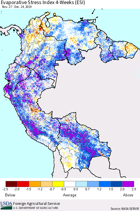 Northern South America Evaporative Stress Index (ESI), 4-Weeks Thematic Map For 12/23/2019 - 12/29/2019