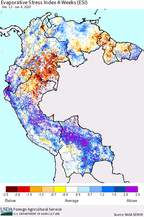 Northern South America Evaporative Stress Index (ESI), 4-Weeks Thematic Map For 1/6/2020 - 1/12/2020