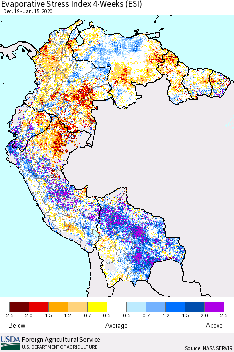 Northern South America Evaporative Stress Index (ESI), 4-Weeks Thematic Map For 1/13/2020 - 1/19/2020