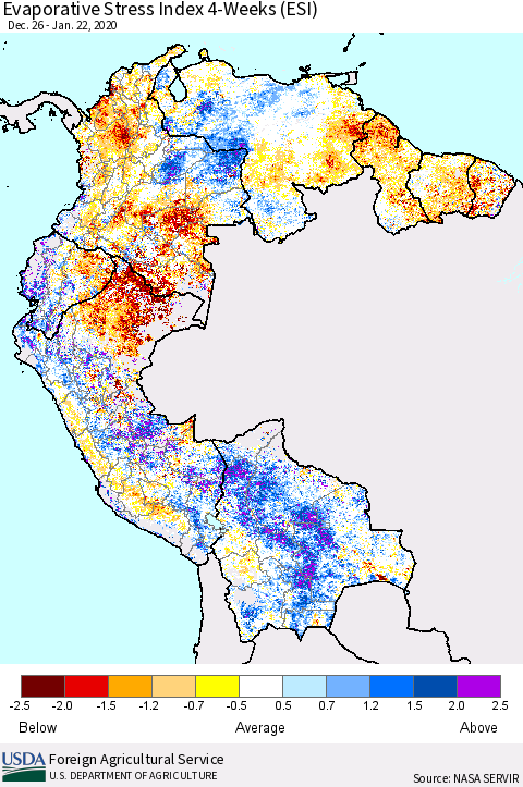 Northern South America Evaporative Stress Index (ESI), 4-Weeks Thematic Map For 1/20/2020 - 1/26/2020