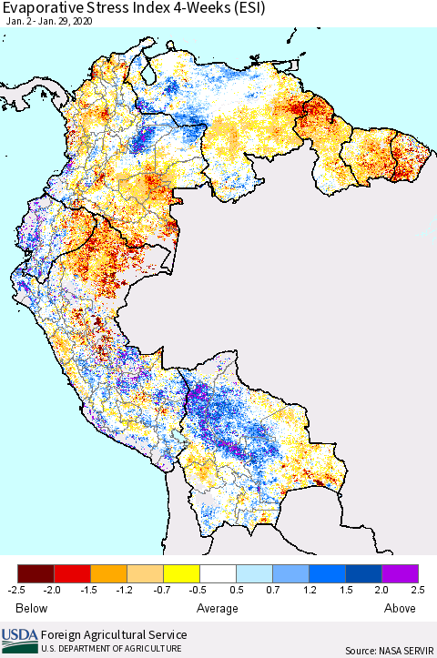 Northern South America Evaporative Stress Index (ESI), 4-Weeks Thematic Map For 1/27/2020 - 2/2/2020