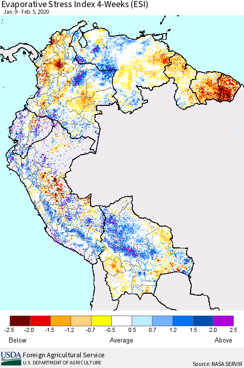 Northern South America Evaporative Stress Index (ESI), 4-Weeks Thematic Map For 2/3/2020 - 2/9/2020