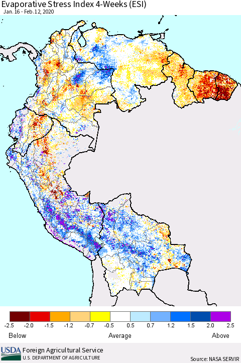 Northern South America Evaporative Stress Index (ESI), 4-Weeks Thematic Map For 2/10/2020 - 2/16/2020