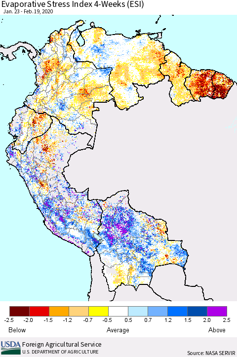 Northern South America Evaporative Stress Index (ESI), 4-Weeks Thematic Map For 2/17/2020 - 2/23/2020