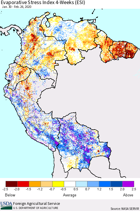 Northern South America Evaporative Stress Index (ESI), 4-Weeks Thematic Map For 2/24/2020 - 3/1/2020