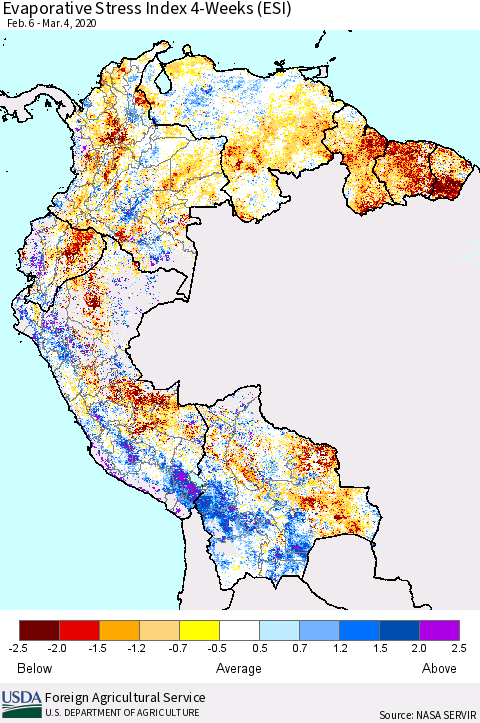 Northern South America Evaporative Stress Index (ESI), 4-Weeks Thematic Map For 3/2/2020 - 3/8/2020