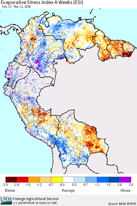 Northern South America Evaporative Stress Index (ESI), 4-Weeks Thematic Map For 3/9/2020 - 3/15/2020