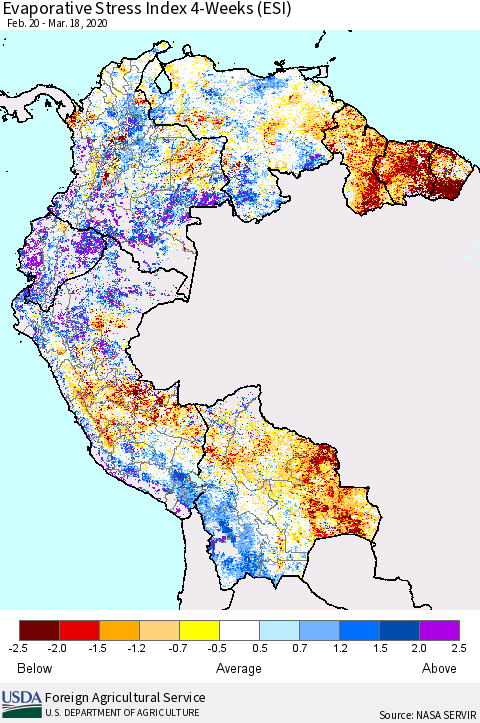 Northern South America Evaporative Stress Index (ESI), 4-Weeks Thematic Map For 3/16/2020 - 3/22/2020