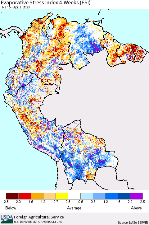 Northern South America Evaporative Stress Index (ESI), 4-Weeks Thematic Map For 3/30/2020 - 4/5/2020