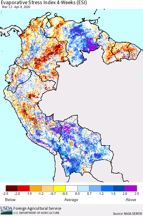 Northern South America Evaporative Stress Index (ESI), 4-Weeks Thematic Map For 4/6/2020 - 4/12/2020
