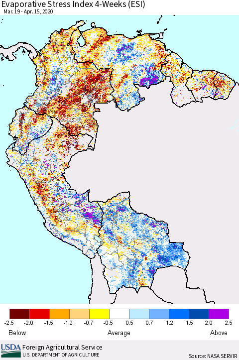 Northern South America Evaporative Stress Index (ESI), 4-Weeks Thematic Map For 4/13/2020 - 4/19/2020
