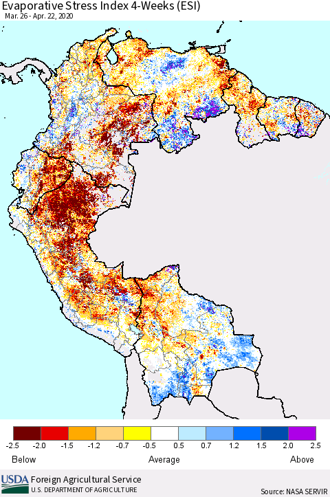 Northern South America Evaporative Stress Index (ESI), 4-Weeks Thematic Map For 4/20/2020 - 4/26/2020