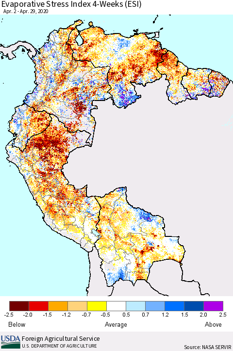 Northern South America Evaporative Stress Index (ESI), 4-Weeks Thematic Map For 4/27/2020 - 5/3/2020