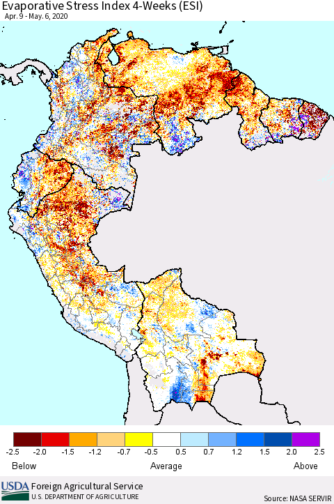 Northern South America Evaporative Stress Index (ESI), 4-Weeks Thematic Map For 5/4/2020 - 5/10/2020