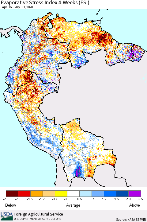 Northern South America Evaporative Stress Index (ESI), 4-Weeks Thematic Map For 5/11/2020 - 5/17/2020