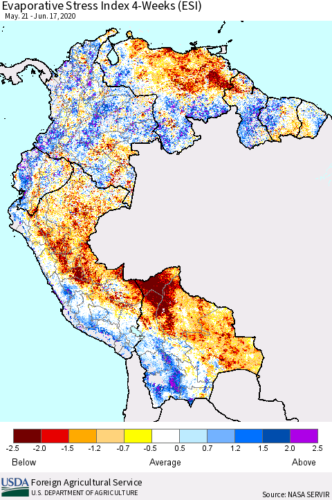 Northern South America Evaporative Stress Index (ESI), 4-Weeks Thematic Map For 6/15/2020 - 6/21/2020