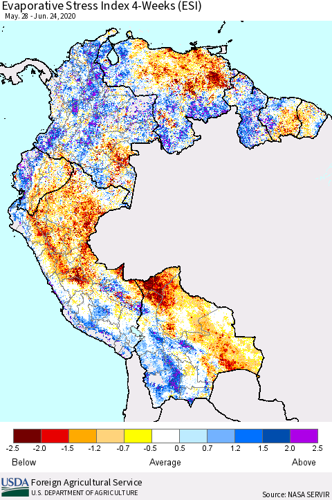 Northern South America Evaporative Stress Index (ESI), 4-Weeks Thematic Map For 6/22/2020 - 6/28/2020