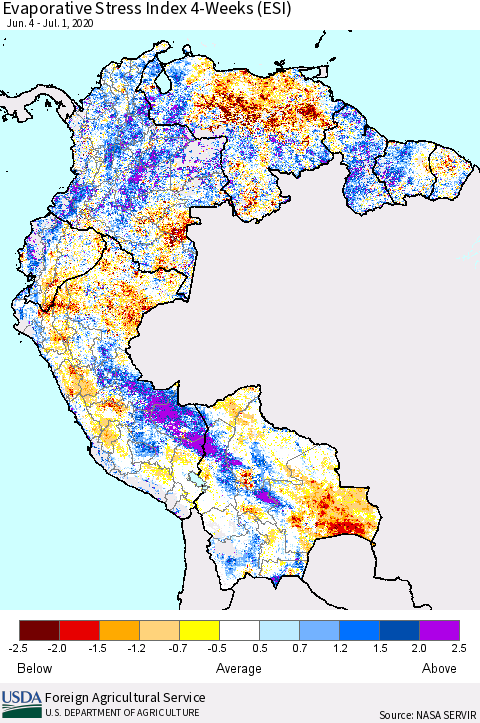 Northern South America Evaporative Stress Index (ESI), 4-Weeks Thematic Map For 6/29/2020 - 7/5/2020