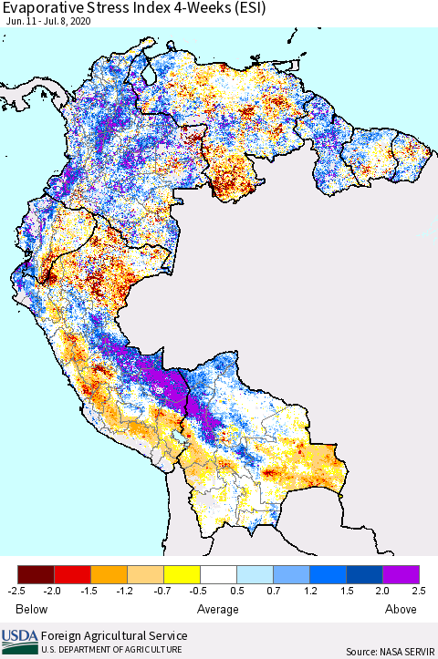 Northern South America Evaporative Stress Index (ESI), 4-Weeks Thematic Map For 7/6/2020 - 7/12/2020