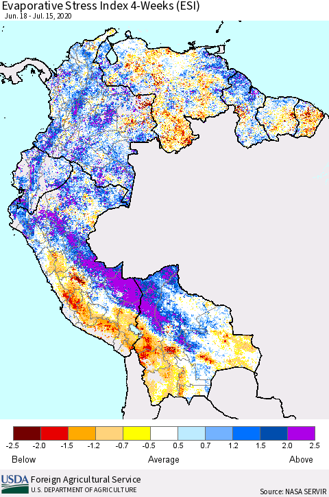 Northern South America Evaporative Stress Index (ESI), 4-Weeks Thematic Map For 7/13/2020 - 7/19/2020