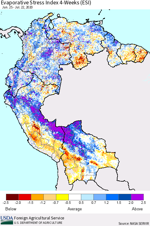 Northern South America Evaporative Stress Index (ESI), 4-Weeks Thematic Map For 7/20/2020 - 7/26/2020