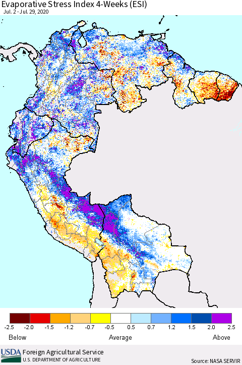 Northern South America Evaporative Stress Index (ESI), 4-Weeks Thematic Map For 7/27/2020 - 8/2/2020