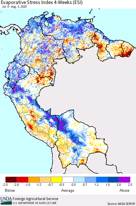 Northern South America Evaporative Stress Index (ESI), 4-Weeks Thematic Map For 8/3/2020 - 8/9/2020