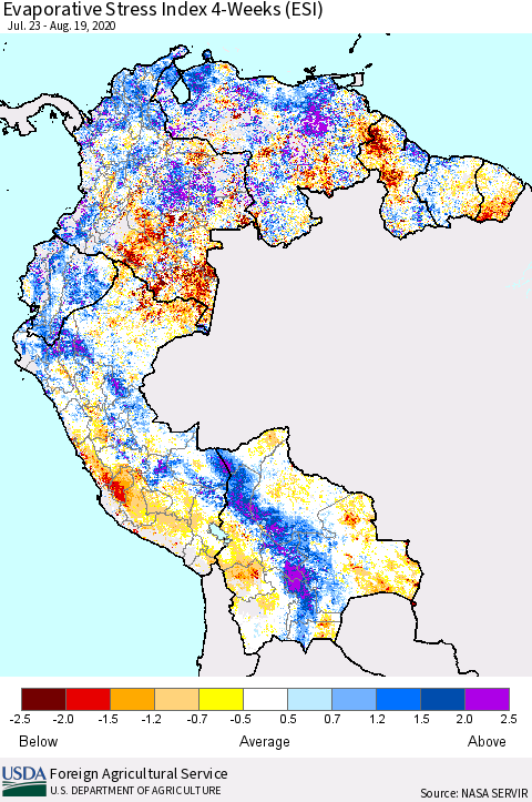 Northern South America Evaporative Stress Index (ESI), 4-Weeks Thematic Map For 8/17/2020 - 8/23/2020