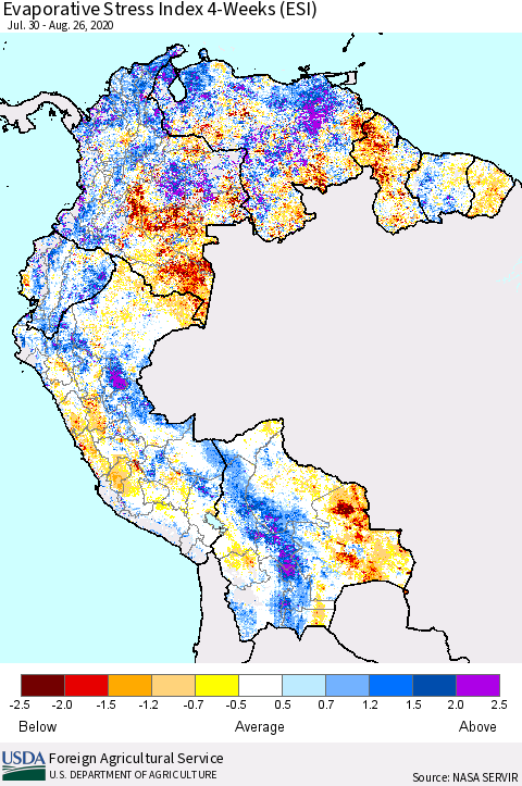 Northern South America Evaporative Stress Index (ESI), 4-Weeks Thematic Map For 8/24/2020 - 8/30/2020