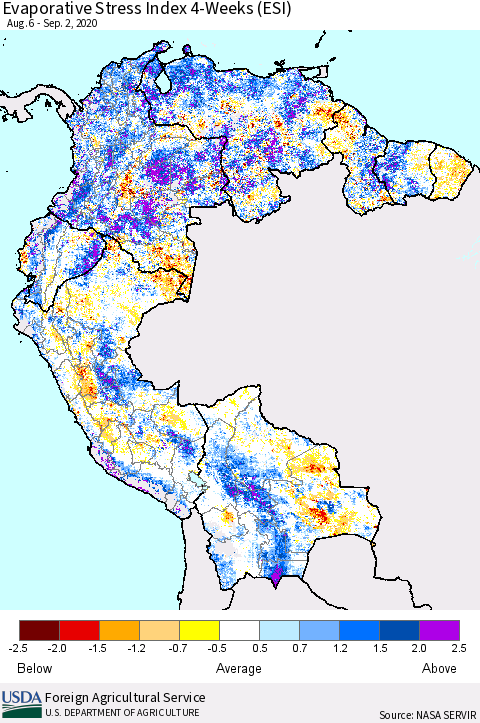 Northern South America Evaporative Stress Index (ESI), 4-Weeks Thematic Map For 8/31/2020 - 9/6/2020