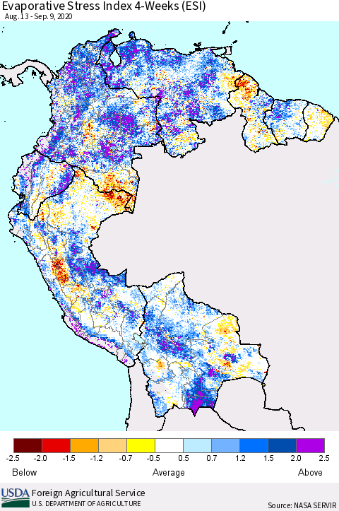 Northern South America Evaporative Stress Index (ESI), 4-Weeks Thematic Map For 9/7/2020 - 9/13/2020