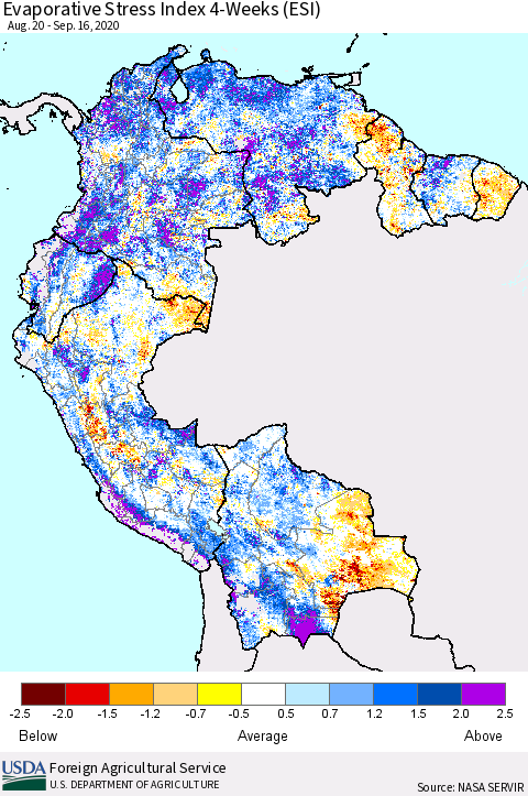 Northern South America Evaporative Stress Index (ESI), 4-Weeks Thematic Map For 9/14/2020 - 9/20/2020