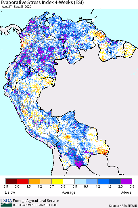 Northern South America Evaporative Stress Index (ESI), 4-Weeks Thematic Map For 9/21/2020 - 9/27/2020