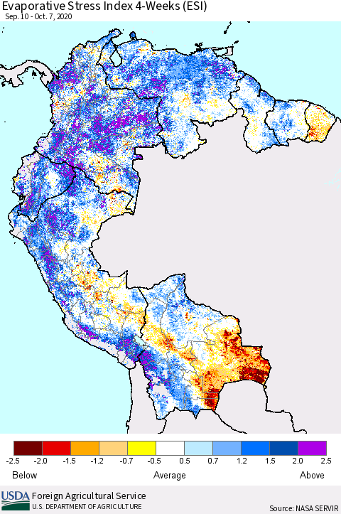Northern South America Evaporative Stress Index (ESI), 4-Weeks Thematic Map For 10/5/2020 - 10/11/2020