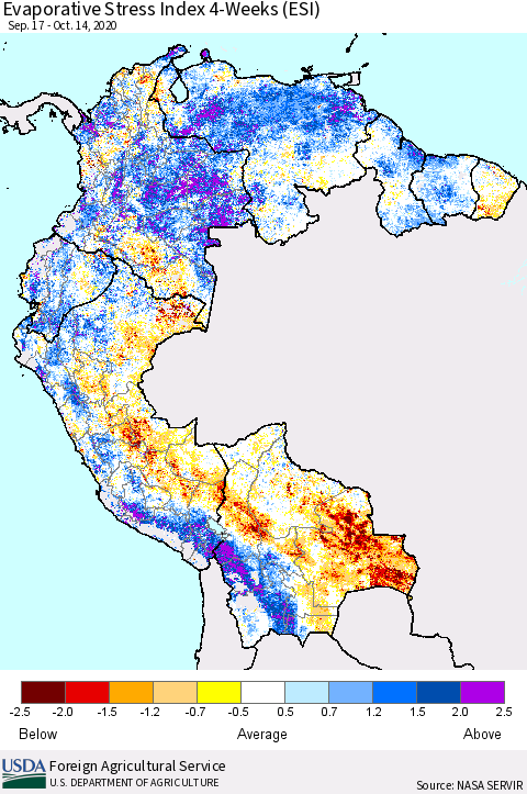 Northern South America Evaporative Stress Index (ESI), 4-Weeks Thematic Map For 10/12/2020 - 10/18/2020
