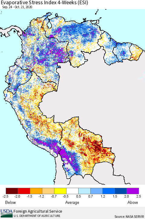 Northern South America Evaporative Stress Index (ESI), 4-Weeks Thematic Map For 10/19/2020 - 10/25/2020