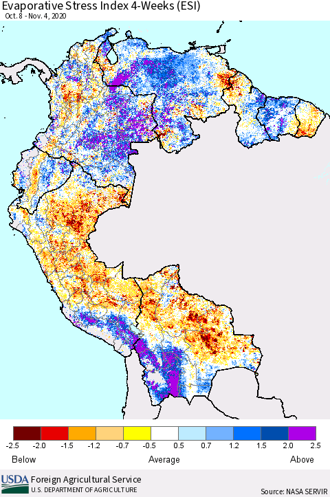 Northern South America Evaporative Stress Index 4-Weeks (ESI) Thematic Map For 11/2/2020 - 11/8/2020