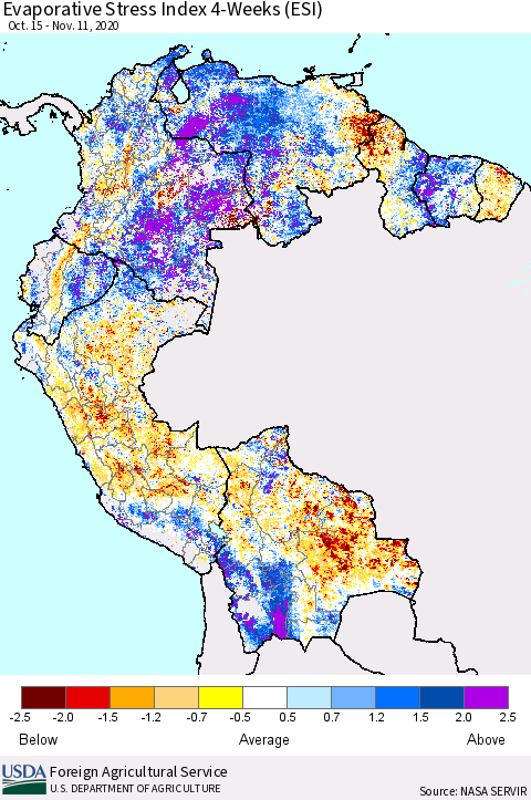 Northern South America Evaporative Stress Index 4-Weeks (ESI) Thematic Map For 11/9/2020 - 11/15/2020