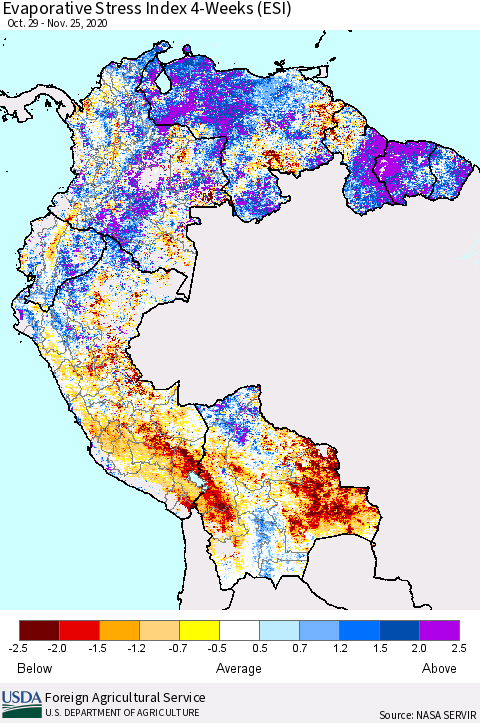 Northern South America Evaporative Stress Index (ESI), 4-Weeks Thematic Map For 11/23/2020 - 11/29/2020