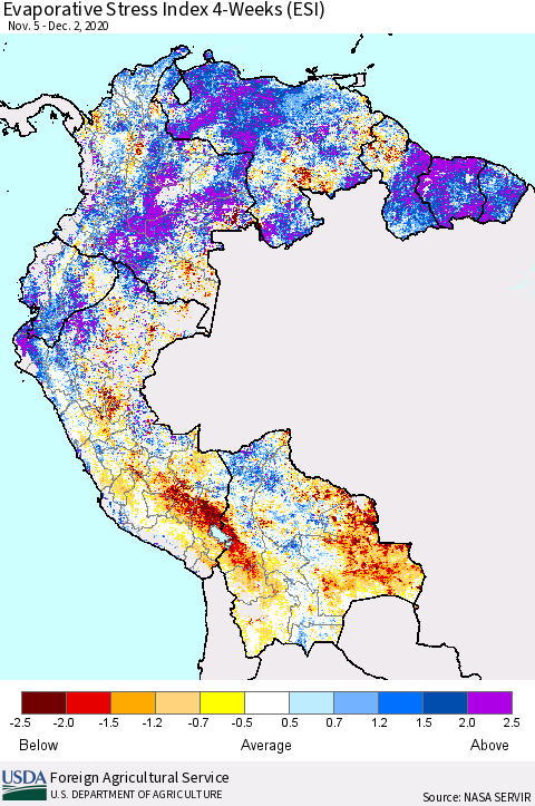 Northern South America Evaporative Stress Index (ESI), 4-Weeks Thematic Map For 11/30/2020 - 12/6/2020