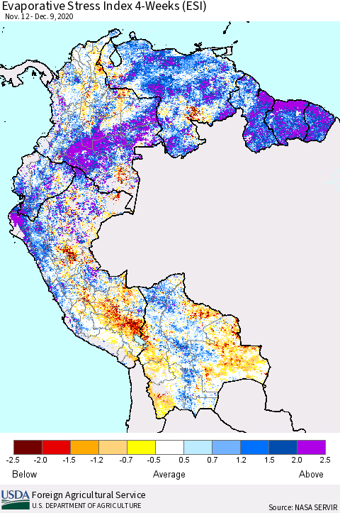 Northern South America Evaporative Stress Index (ESI), 4-Weeks Thematic Map For 12/7/2020 - 12/13/2020