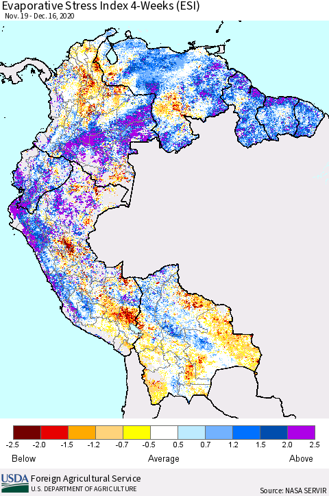 Northern South America Evaporative Stress Index 4-Weeks (ESI) Thematic Map For 12/14/2020 - 12/20/2020