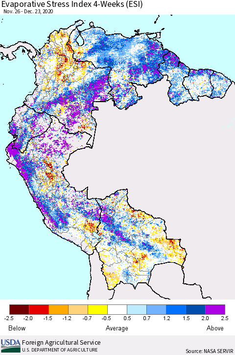 Northern South America Evaporative Stress Index 4-Weeks (ESI) Thematic Map For 12/21/2020 - 12/27/2020