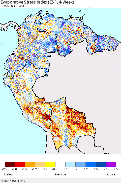 Northern South America Evaporative Stress Index (ESI), 4-Weeks Thematic Map For 12/28/2020 - 1/3/2021