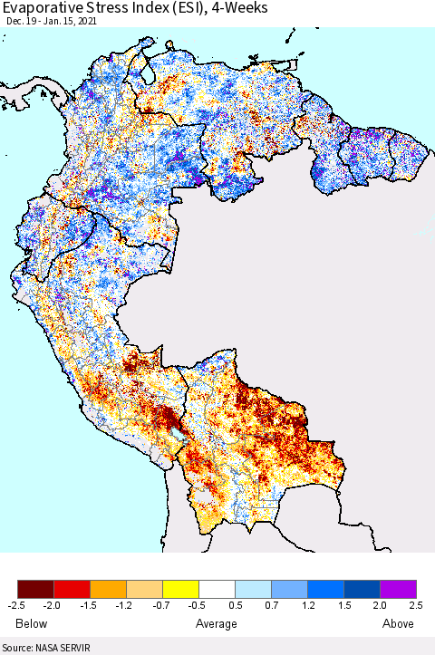 Northern South America Evaporative Stress Index (ESI), 4-Weeks Thematic Map For 1/11/2021 - 1/17/2021