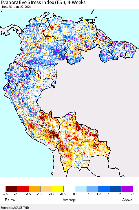 Northern South America Evaporative Stress Index (ESI), 4-Weeks Thematic Map For 1/18/2021 - 1/24/2021