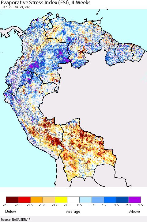 Northern South America Evaporative Stress Index (ESI), 4-Weeks Thematic Map For 1/25/2021 - 1/31/2021