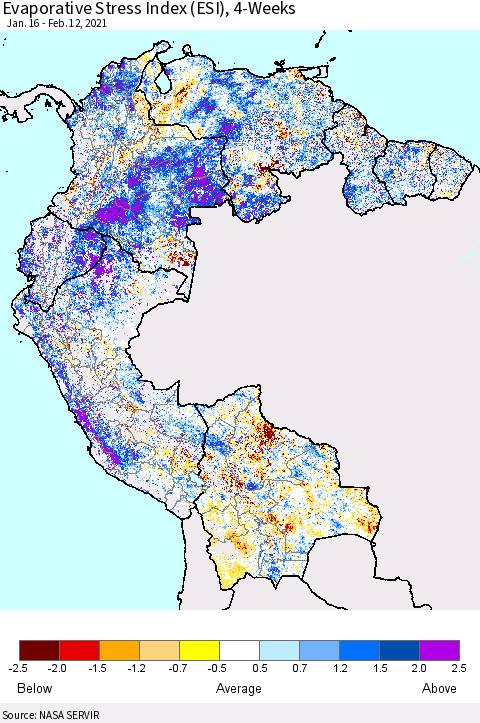 Northern South America Evaporative Stress Index 4-Weeks (ESI) Thematic Map For 2/8/2021 - 2/14/2021